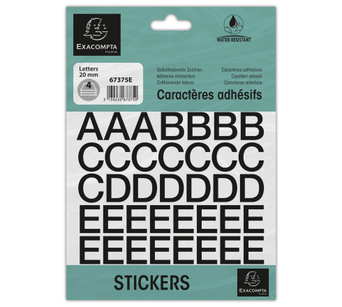 Pochette de lettres adhésives noires A-Z 20 mm