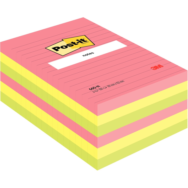 Lot de 6 blocs lignés de 100 feuilles Post-it, 102 x 152 mm, couleurs