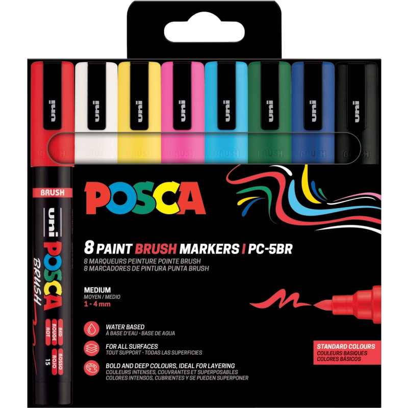 Pochette de 8 marqueurs Posca pointe moyenne brush assortis