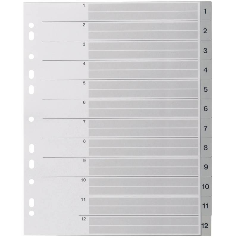 Jeu de 12 intercalaires numériques en polypropylène gris, format A4+