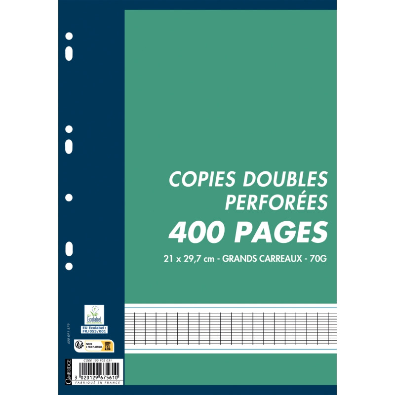 Copies doubles perforées 400 pages 70g, format A4, seyès blanc
