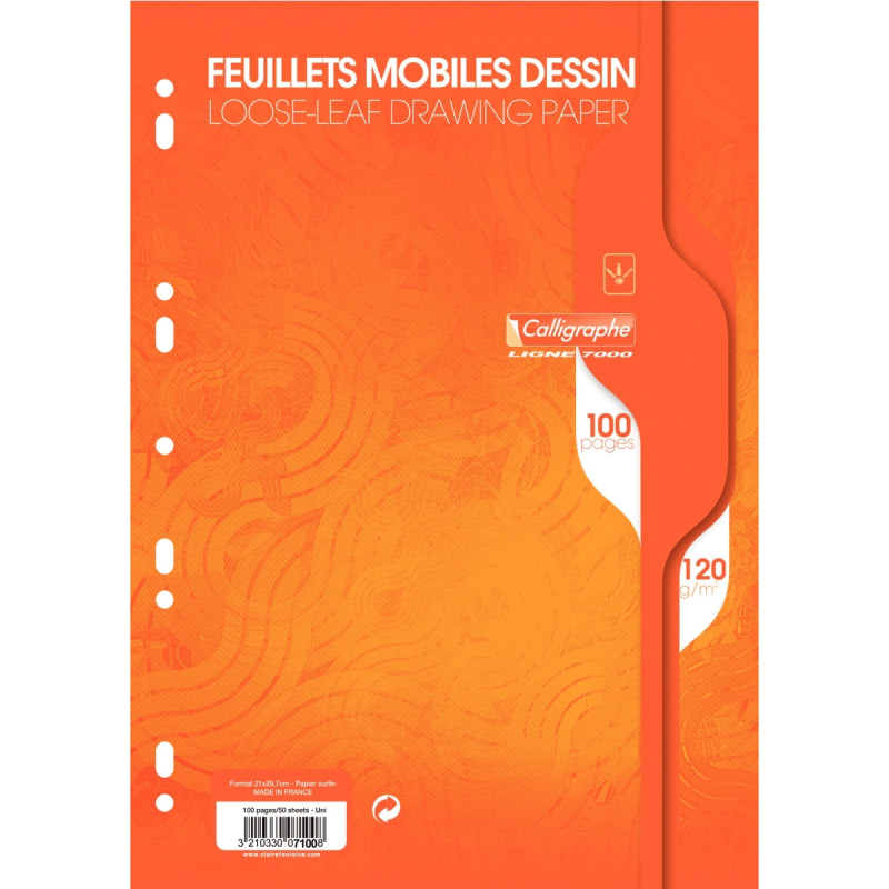 Feuillets mobiles 100 pages dessin 120g, format A4, uni blanc