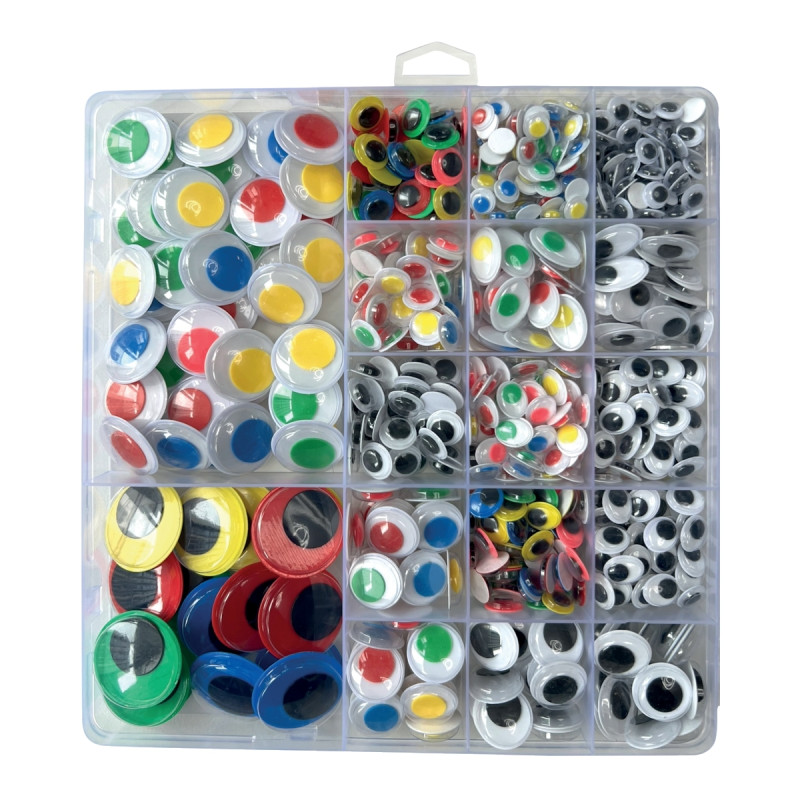Boîte de 500 yeux adhésifs, tailles et couleurs assorties