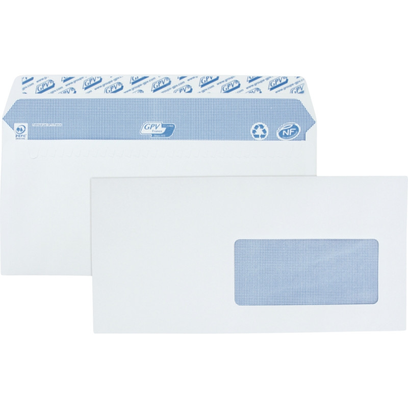 Boite de 500 enveloppes blanches 110x220mm 90g bande siliconnée fenêtr