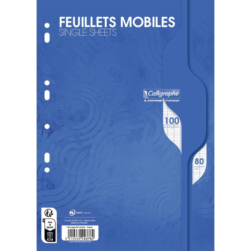 Feuillets mobiles 100 pages 80g, format A4, seyès blanc