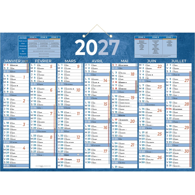 Calendrier semestriel 7 mois par face 38,5x54cm bleu