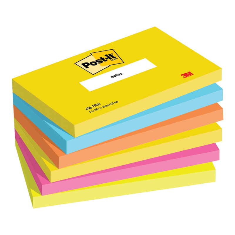 Paquet de 6 blocs notes de 100 feuilles Post-it energetic 76 x 127 mm
