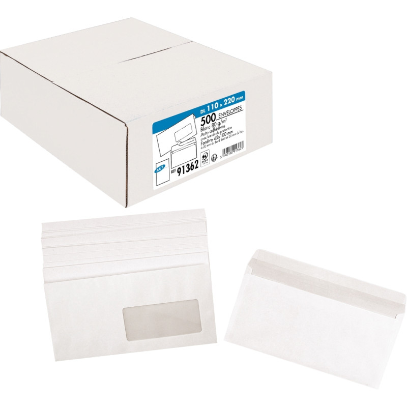 Boite de 500 enveloppes blanches 110x220mm 80g bande siliconée fenêtre