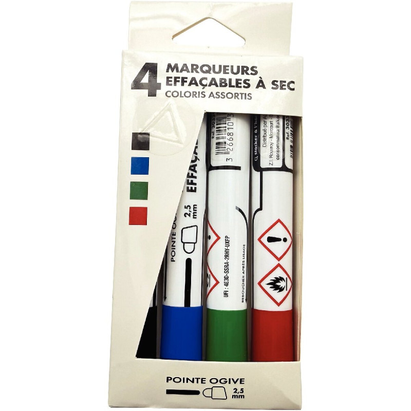 Boite de 4 marqueurs tableaux blancs pointe ogive assortis