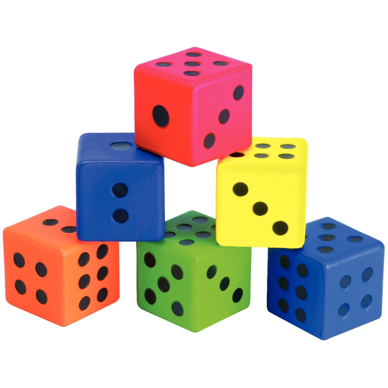 Lot de 6 dés en mousse de PVC 7,5cm assortis