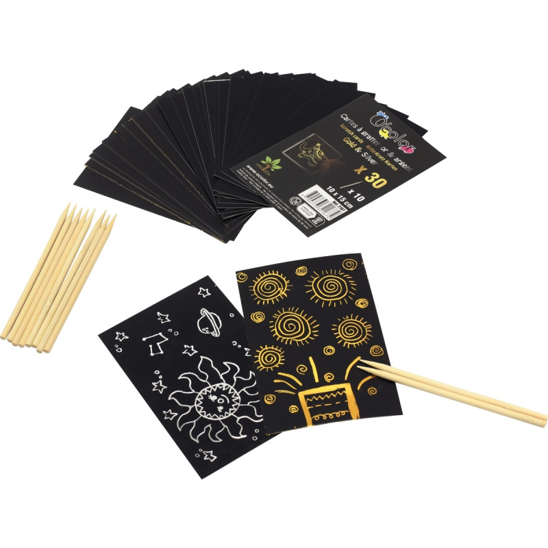 Pochette de 30 feuilles à gratter coloris or et argent