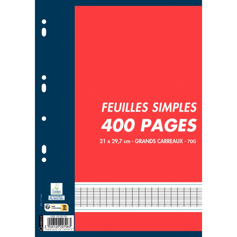 Feuillets mobiles 400 pages 70g, format A4, seyès blanc