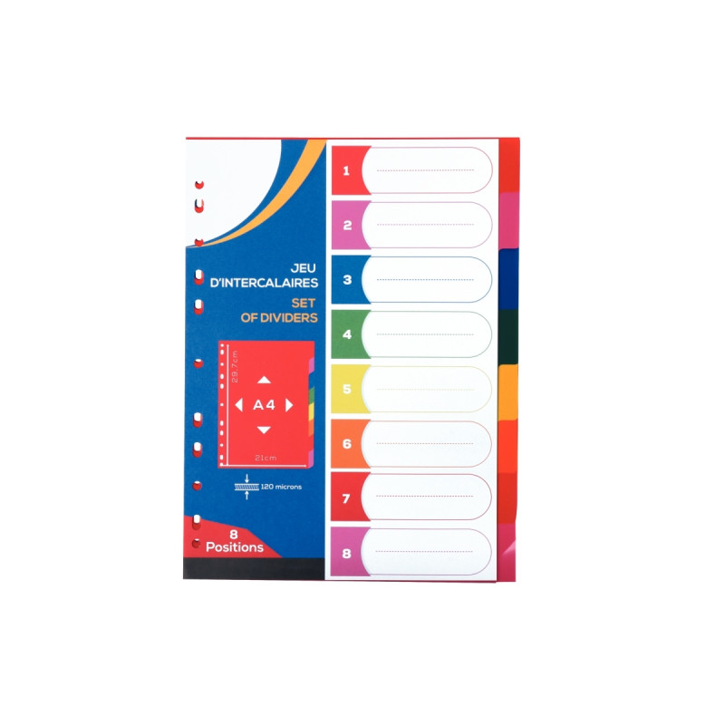 Jeu de 8 intercalaires en polypropylène coloré 12/100ème, format A4