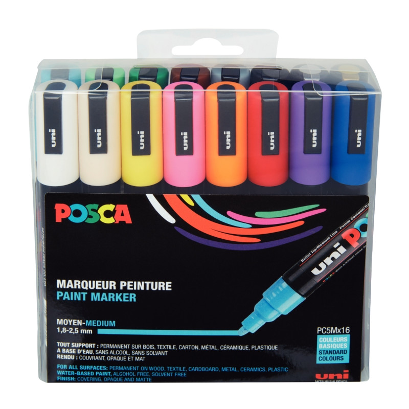 Pochette de 16 marqueurs Posca pointe moyenne ogive assortis