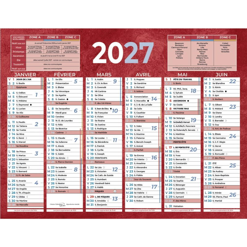 Calendrier semestriel 6 mois par face 13,5x17,5cm rouge