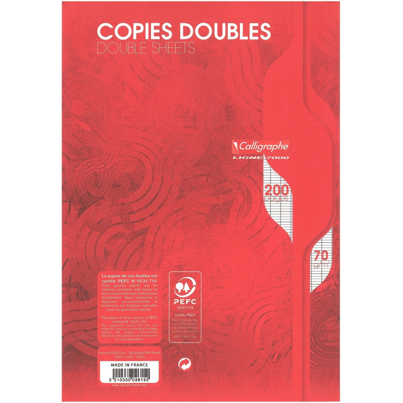 Copies doubles 200 pages non perforées 70g, format A4, seyès