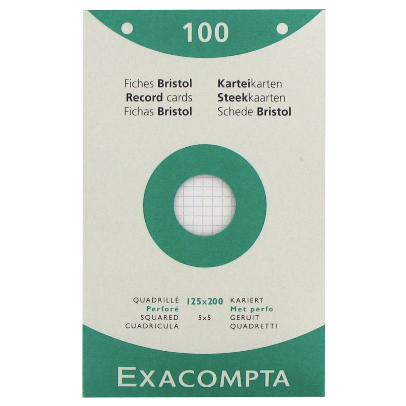 Boîte de 100 fiches bristol perforées carte forte 205 g blanc quadrill