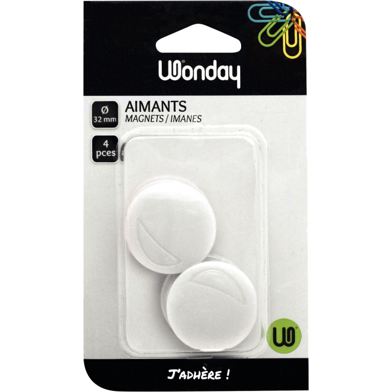 Blister de 4 punaises magnétiques, diamètre 32 mm. Blanc