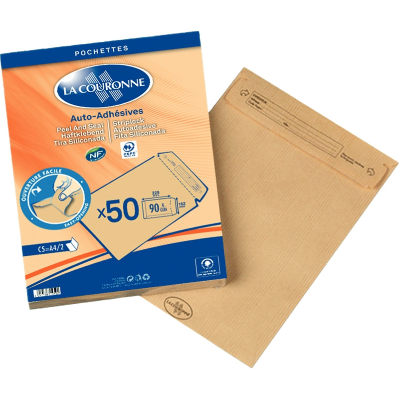 Paquet de 50 pochettes kraft 162x229mm 90g bande siliconée