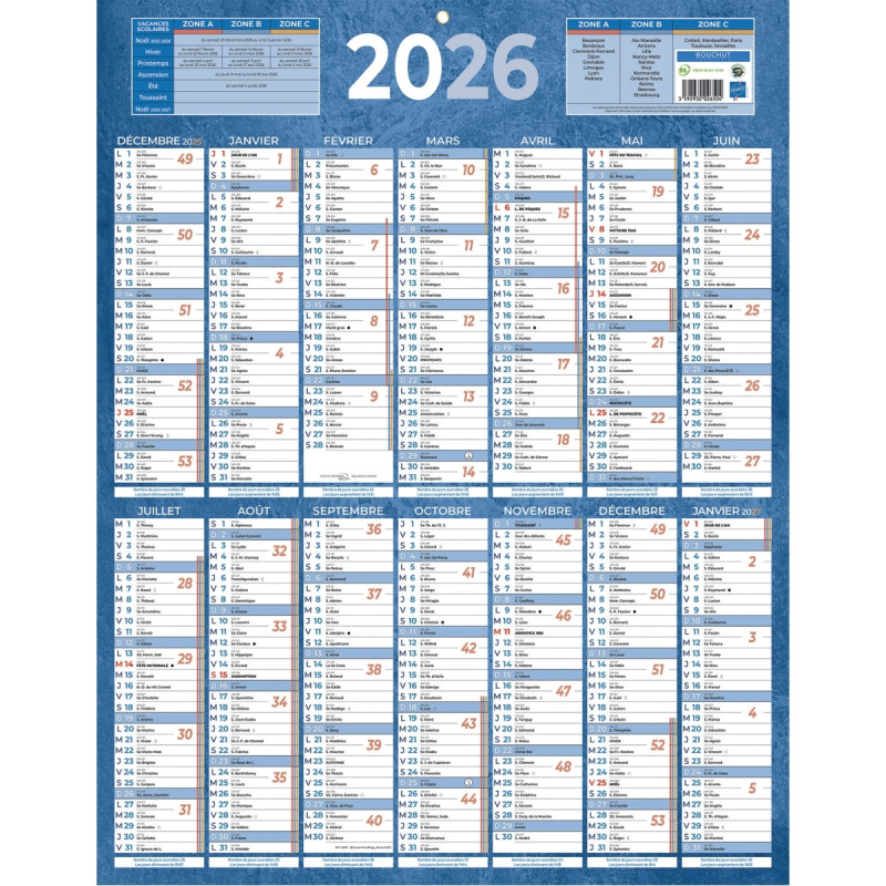 Calendrier annuel 14 mois 55x43cm bleu