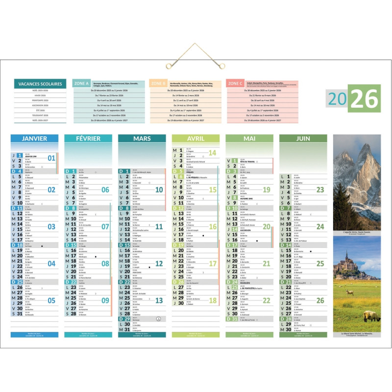 Calendrier semestriel 6 mois par face 4 saisons 40,5x55cm