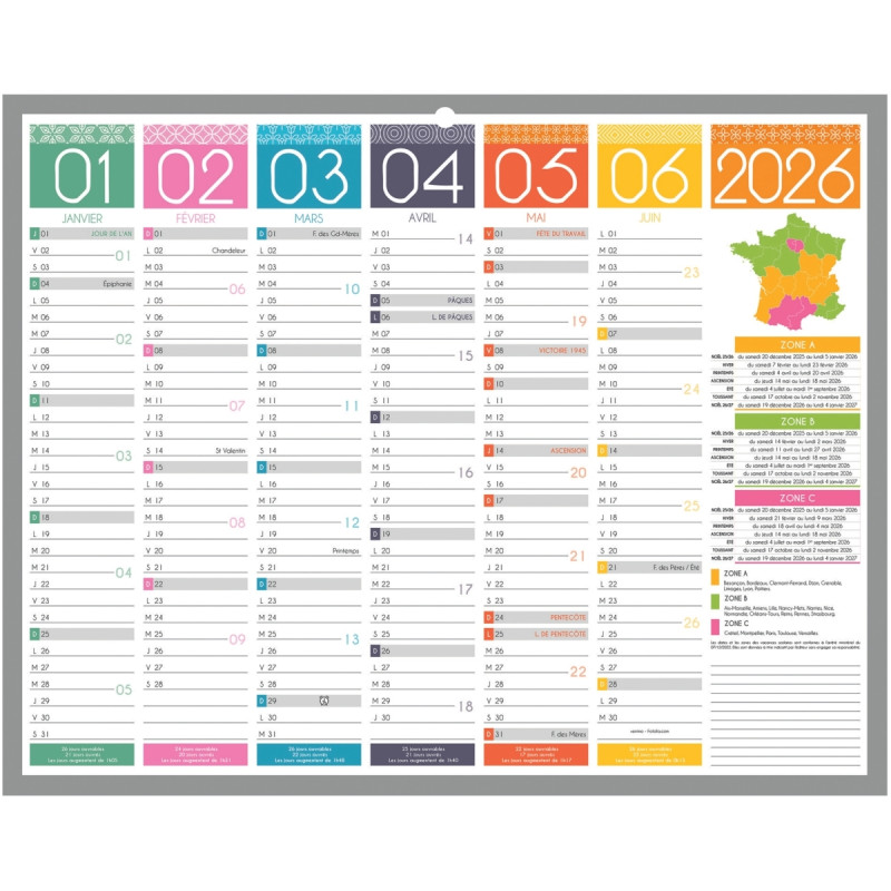 Calendrier semestriel 6 mois par face Tendance 21x26,5cm