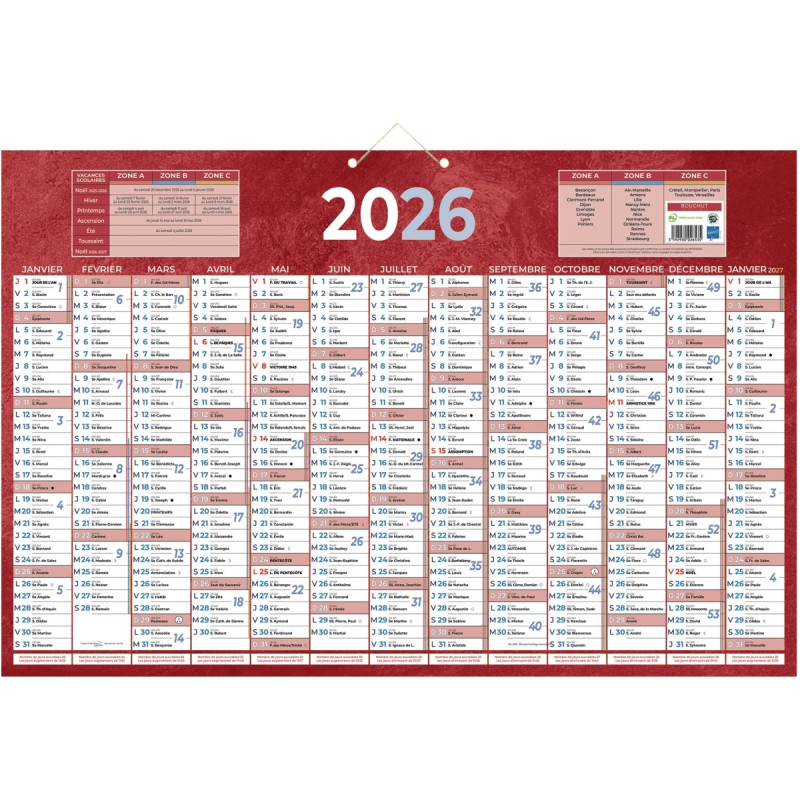 Calendrier annuel 13 mois 43x65cm rouge