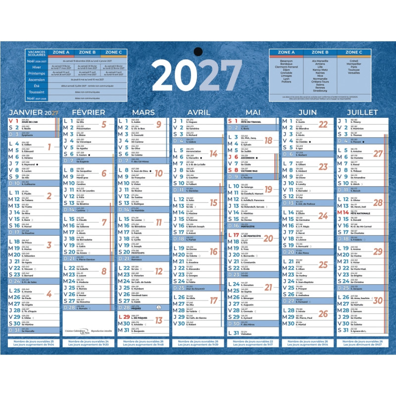 Calendrier semestriel 7 mois par face 21x26,5cm bleu