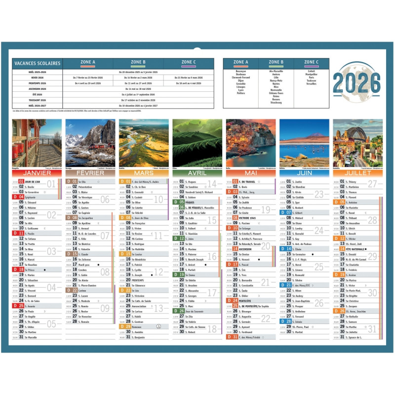 Calendrier semestriel 7 mois par face Planète 21x26,5cm