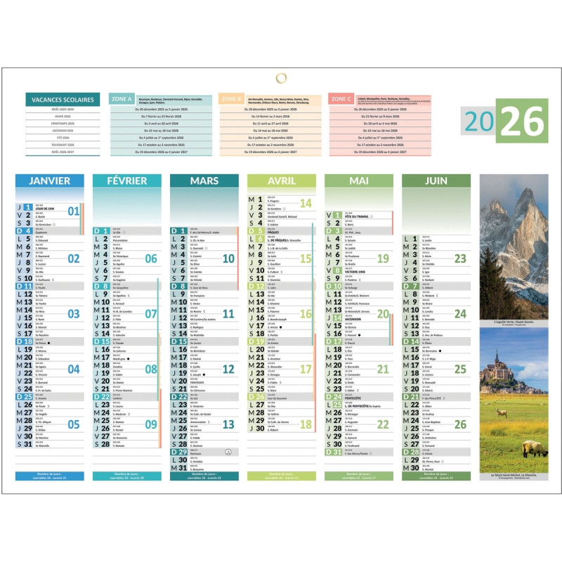 Calendrier semestriel 6 mois par face 4 saisons 32x42cm