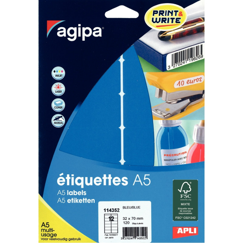 Etui de 120 étiquettes couleur muti-usages 70x32mm coloris bleu