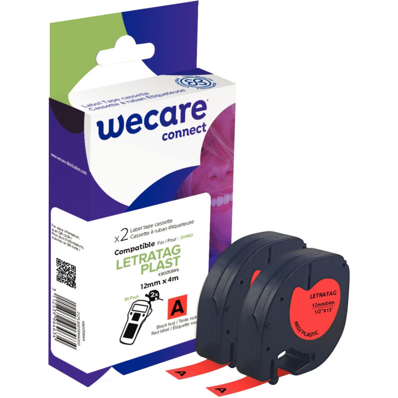 Pack de 2 letratag plastique noir sur rouge 12 mm x 4 m compatible