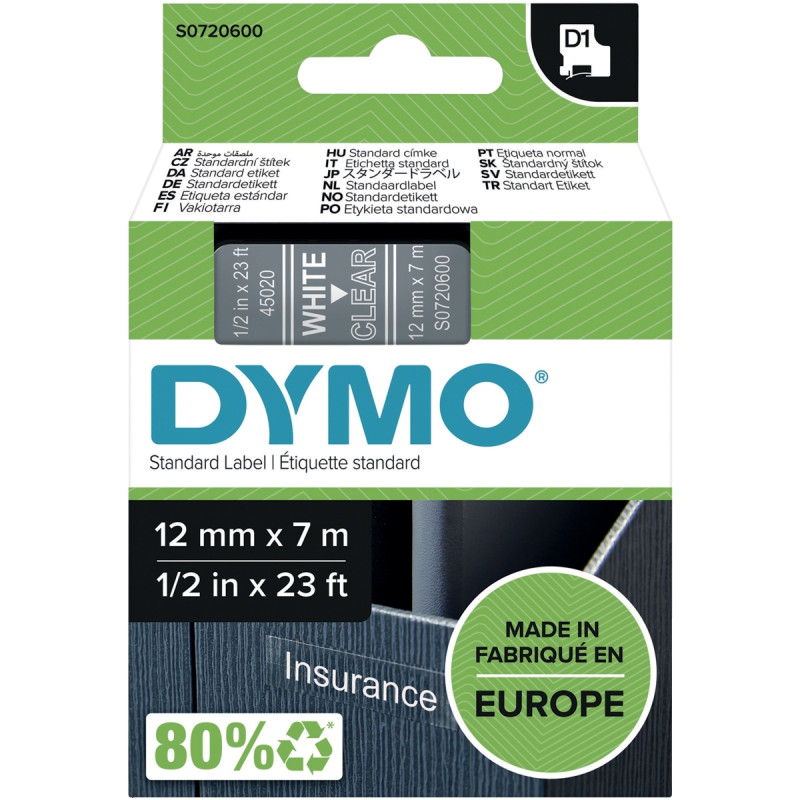 Recharge Dymo D1 12mm x 7m blanc sur transparent