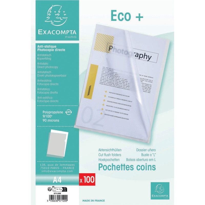 Sachet de 100 pochettes coin en polypropylène 9/100ème incolore
