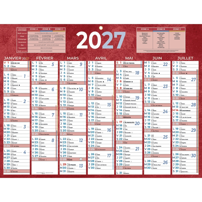 Calendrier semestriel 7 mois par face 32x42cm rouge