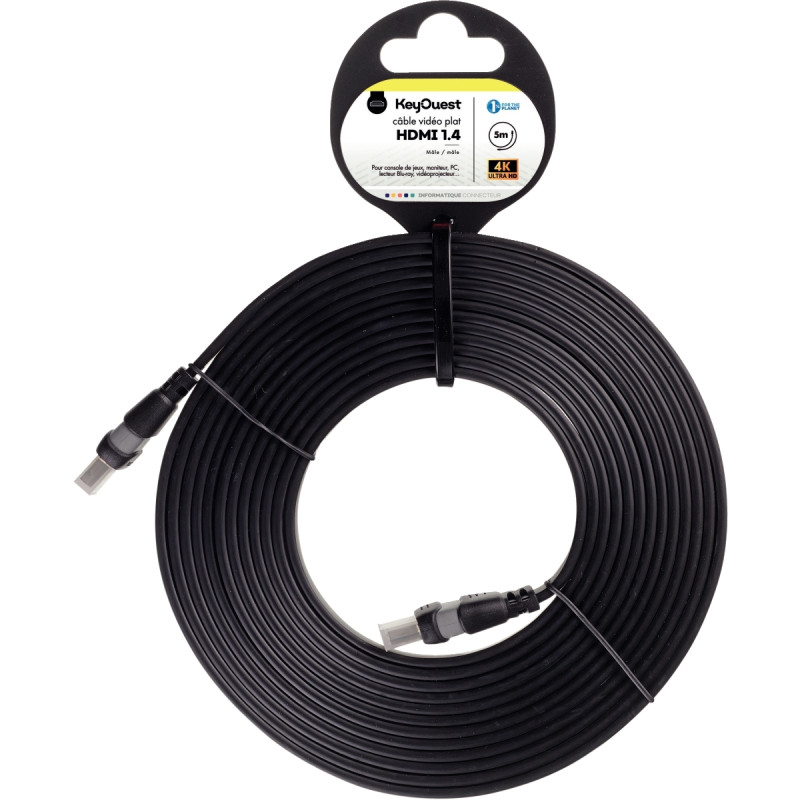 Cordon HDMI 1.4 5m noir plat