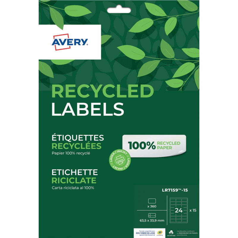 Paquet de 360 étiquettes recyclées laser et jet encre 63.5 x 33.9 mm