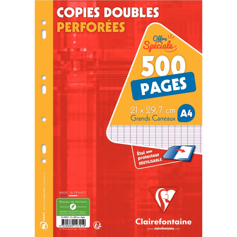 Copies doubles perforées 500 pages 90g, format A4, seyès blanc