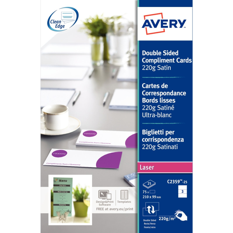 Paquet de 75 cartes de visite blanches 210x99mm laser 220g
