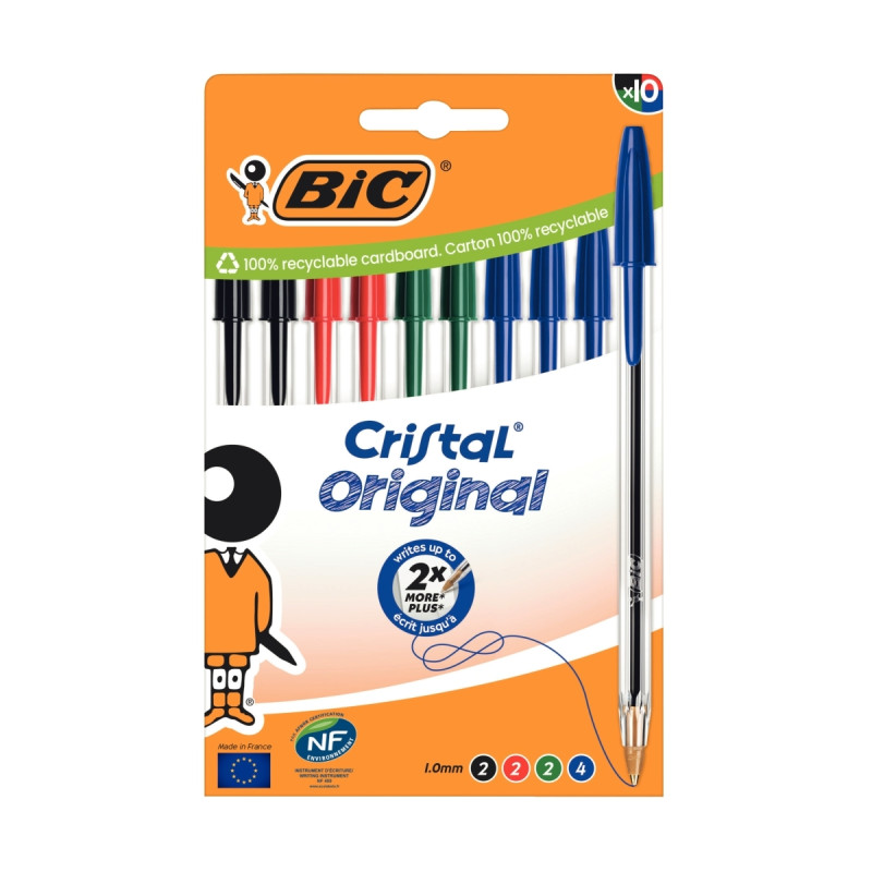 Boîte de 10 stylos bille Cristal pointe moyenne assortis