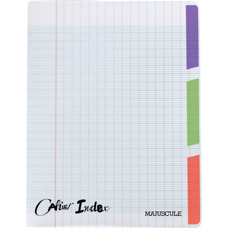 Piqûre 96 pages 3 index MAJUSCULE, format 17x22 cm, seyès, couverture