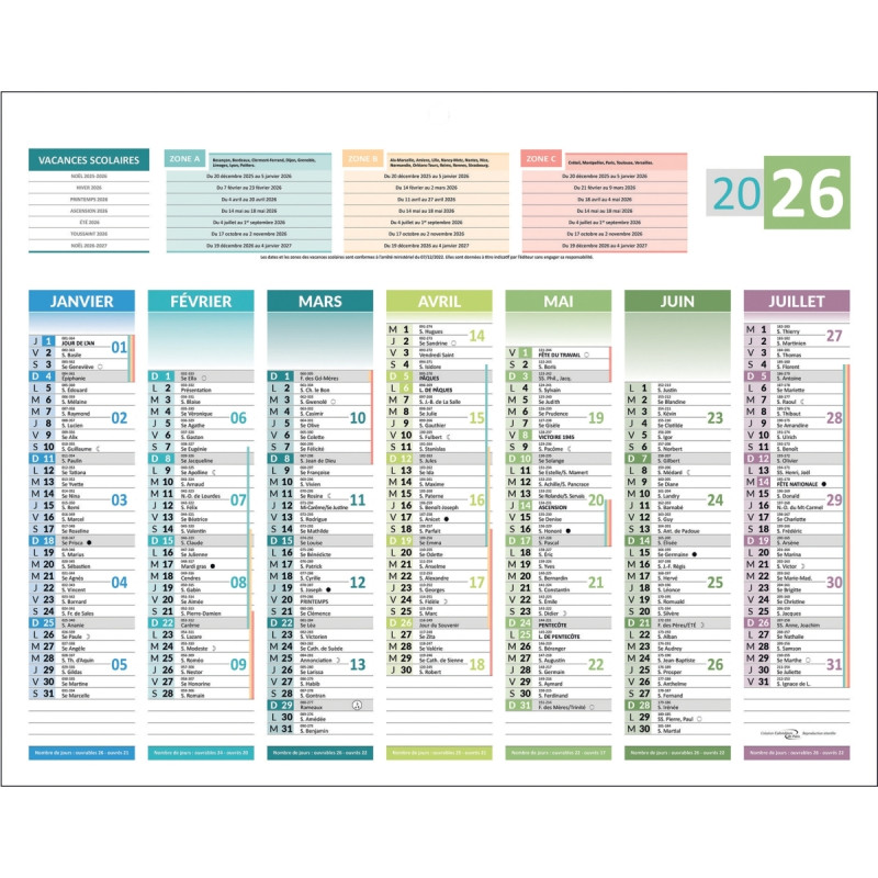 Calendrier semestriel 7 mois par face 4 saisons 21x26,5cm