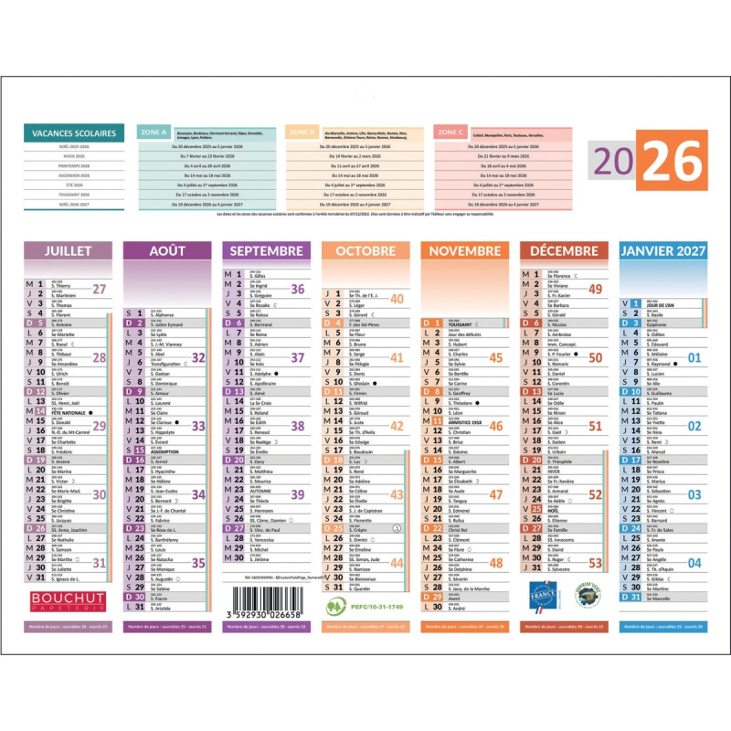 Calendrier semestriel 7 mois par face 4 saisons 21x26,5cm