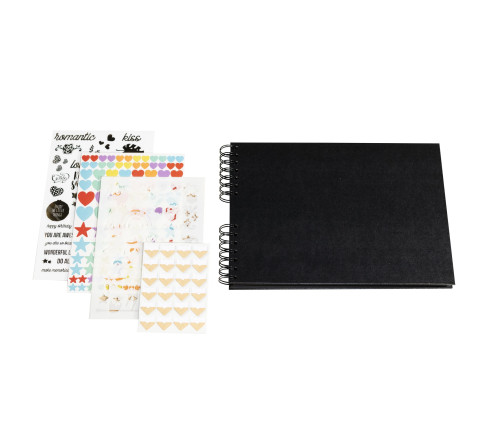 Kit Scrapbooking Album 70 pages noires : Stickers & Pochoirs