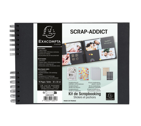 Kit Scrapbooking Album 70 pages noires : Stickers & Pochoirs