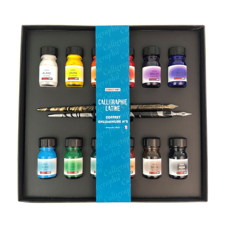 Coffret calligraphie 12 encres - 2 porte-plumes - 2 plumes