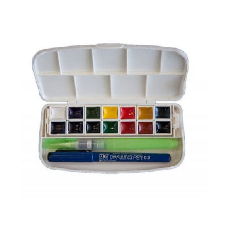 Boîte de voyage de 14 petits godets aquarelle Japonaise & accessoires