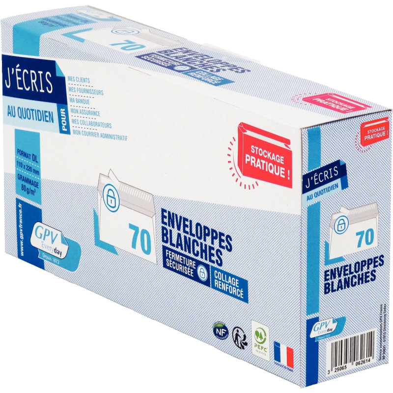 Paquet de 70 enveloppes blanches 110x220mm 80g bande siliconée