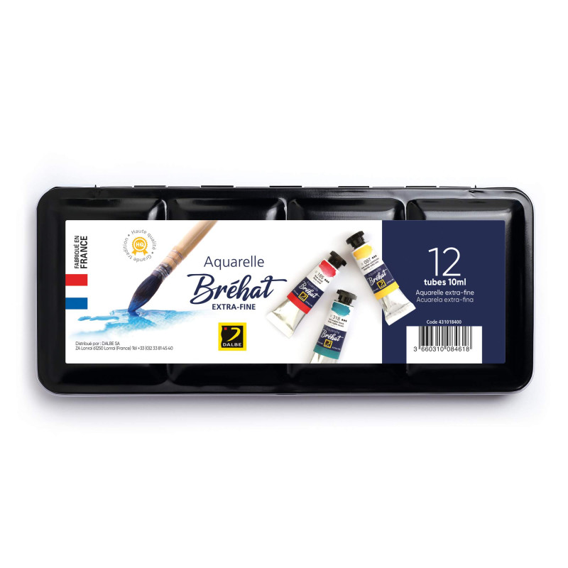 Boîte métal 12 tubes Peinture aquarelle extra-fine Bréhat 10 ml