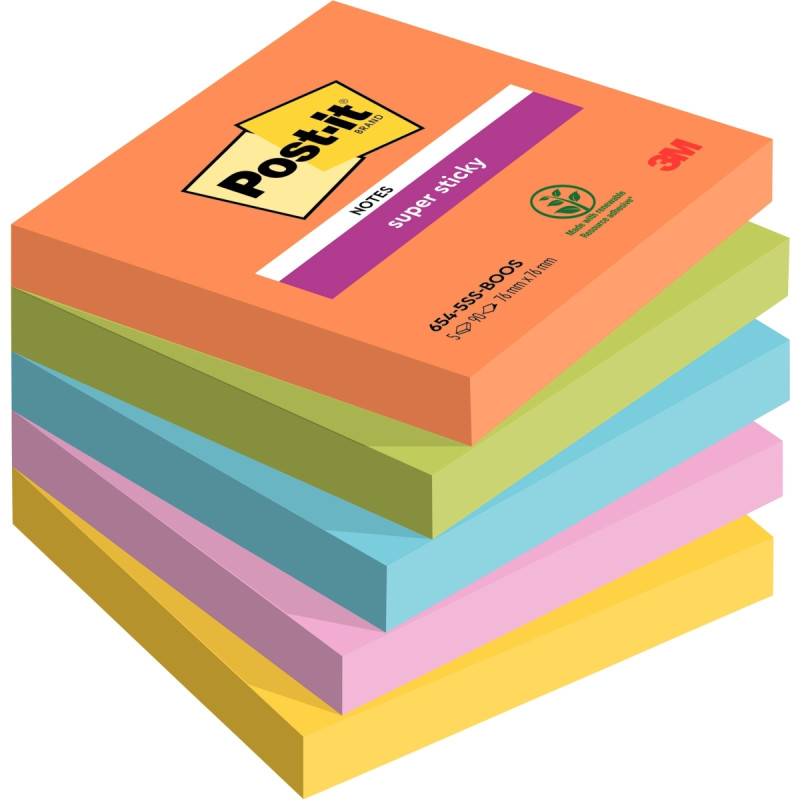 Paquet de 5 blocs de 90 feuilles Super Sticky post-it, 76 x 76 mm coll